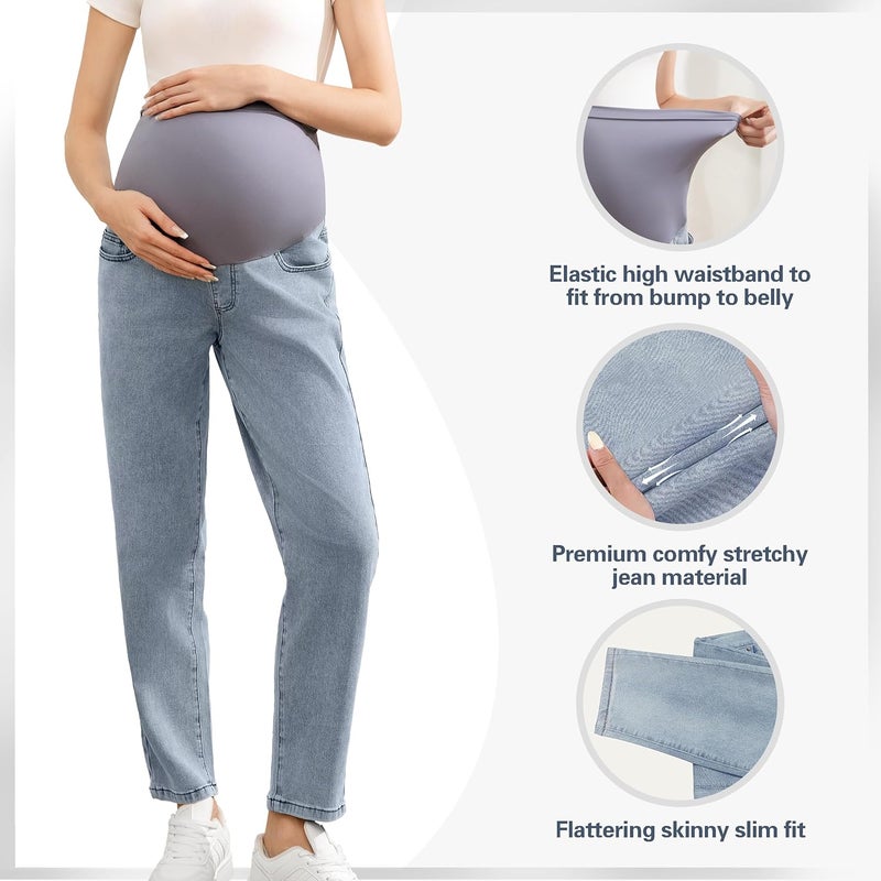 Coukula Women's Maternity Jeans Over Belly, Comfy Stretch Boyfriend Jeans, Loose Pregnancy Pants with Pockets - Image 2